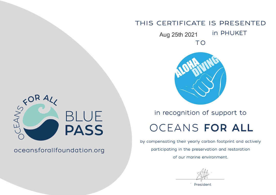 Blue Pass carbon-offset certificate 2021 for Aloha Diving