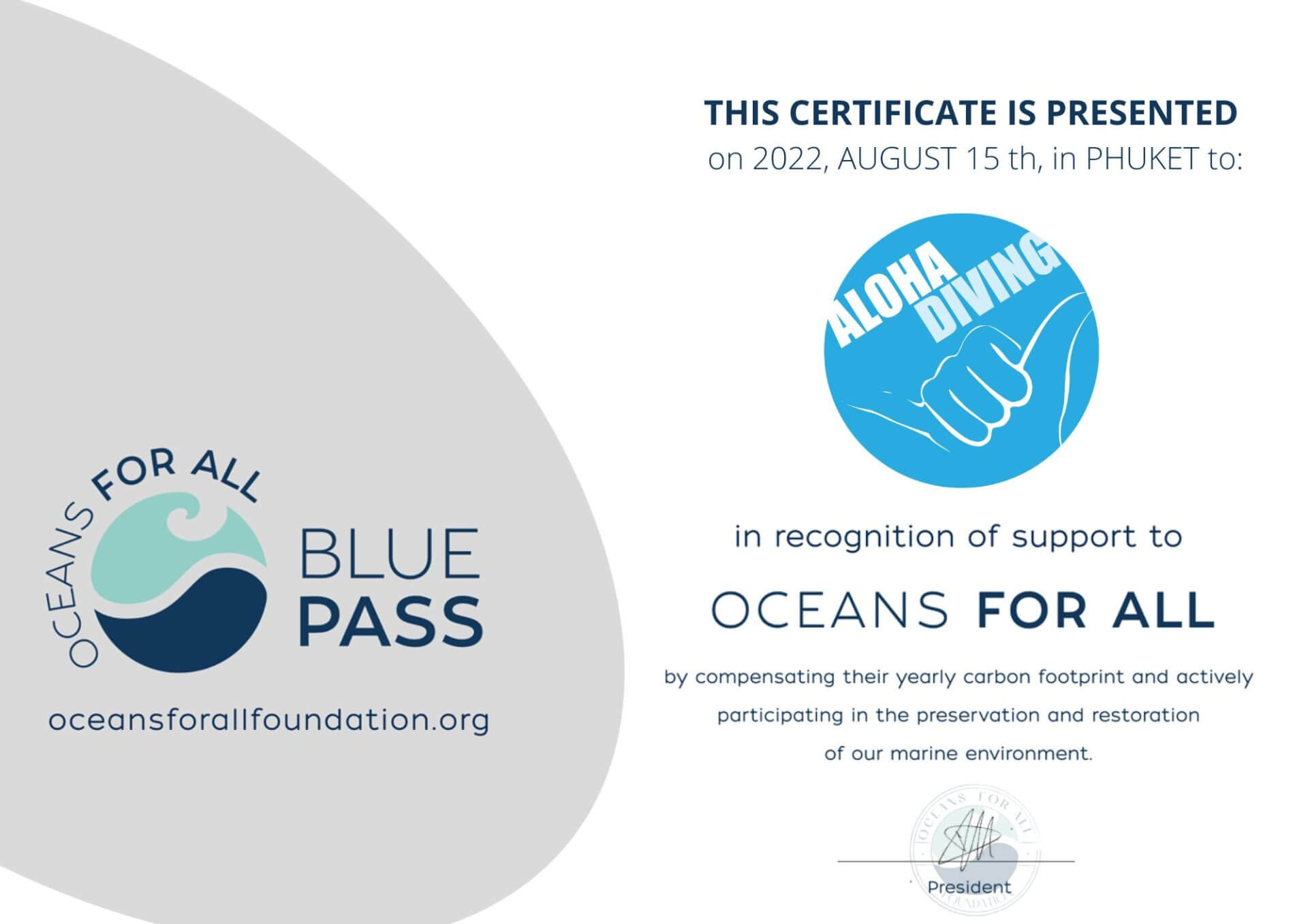 Blue Pass carbon-offset certificate 2022 for Aloha Diving