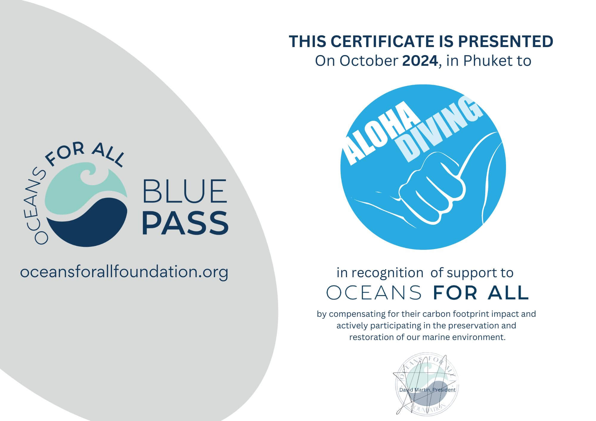 Blue Pass carbon-offset certificate 2024 for Aloha Diving