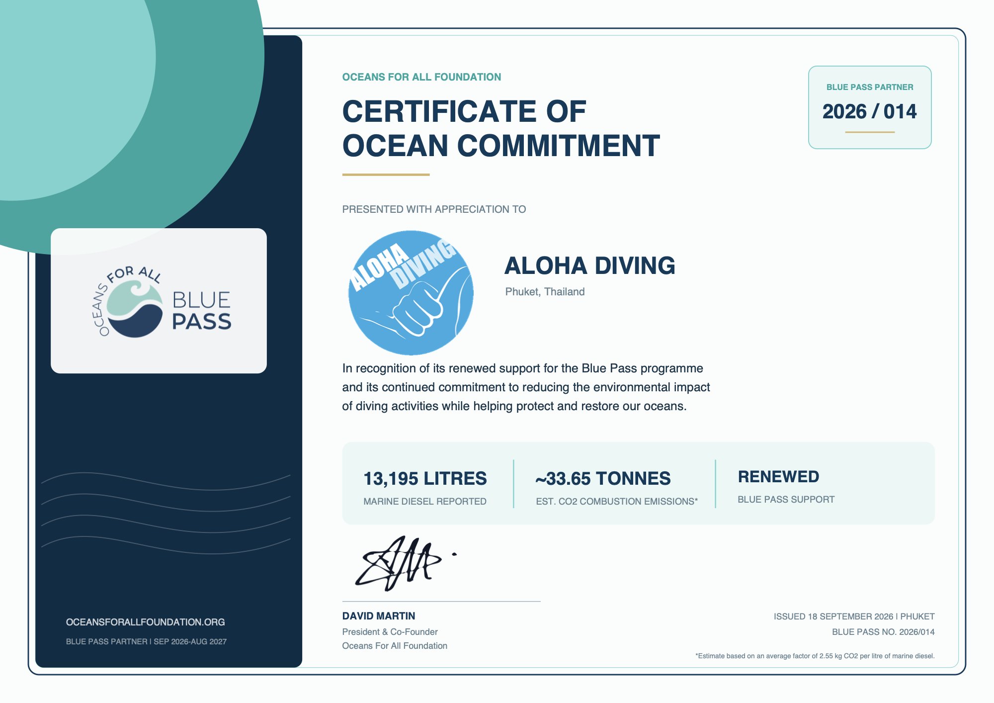 Oceans For All certificate of ocean commitment 2026 for Aloha Diving, Blue Pass partner from September 2026 to August 2027