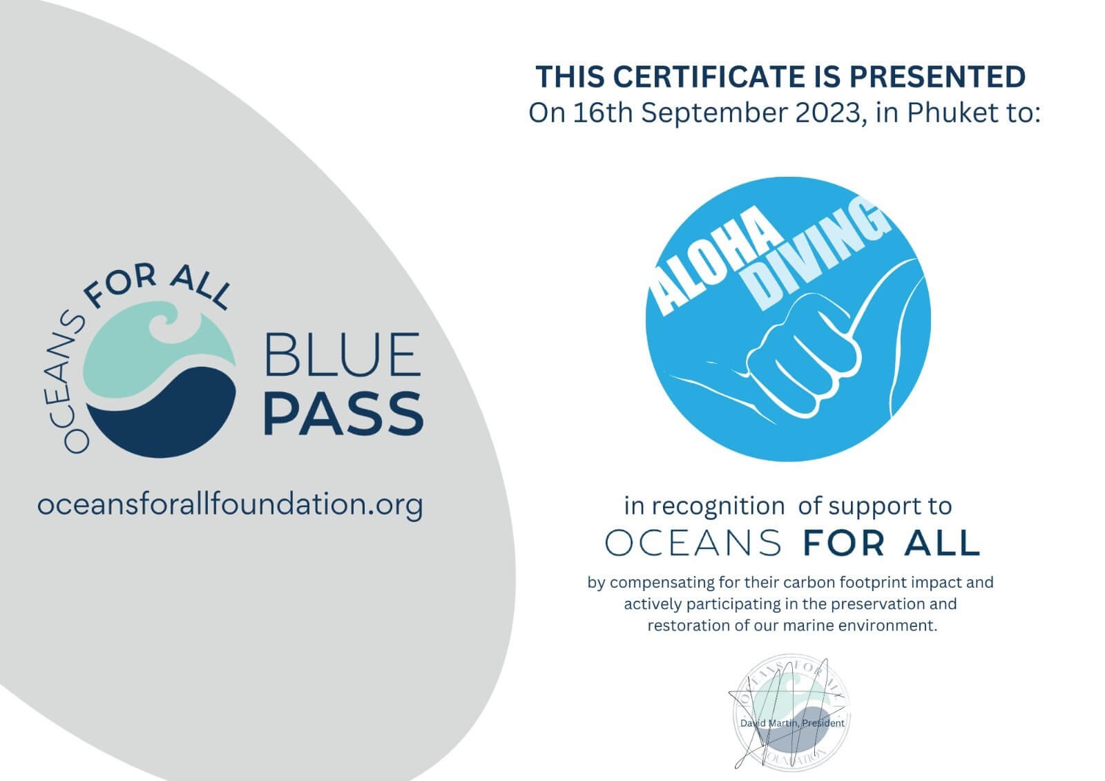Carbon compensation and CO2 offset certificate 2023 for Aloha Diving