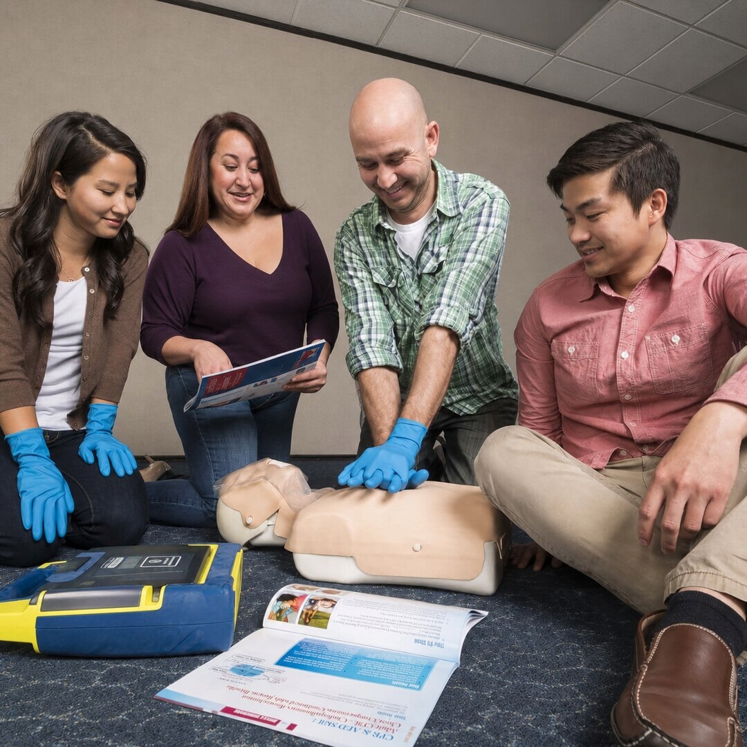 Four gloved people practising CPR around a manikin and training equipment indoors