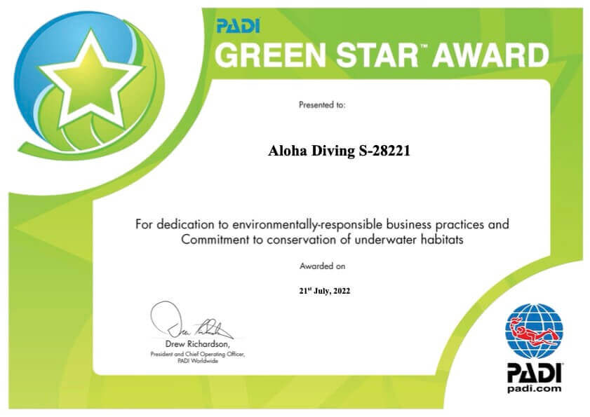 PADI Green Star Award certificate for Aloha Diving