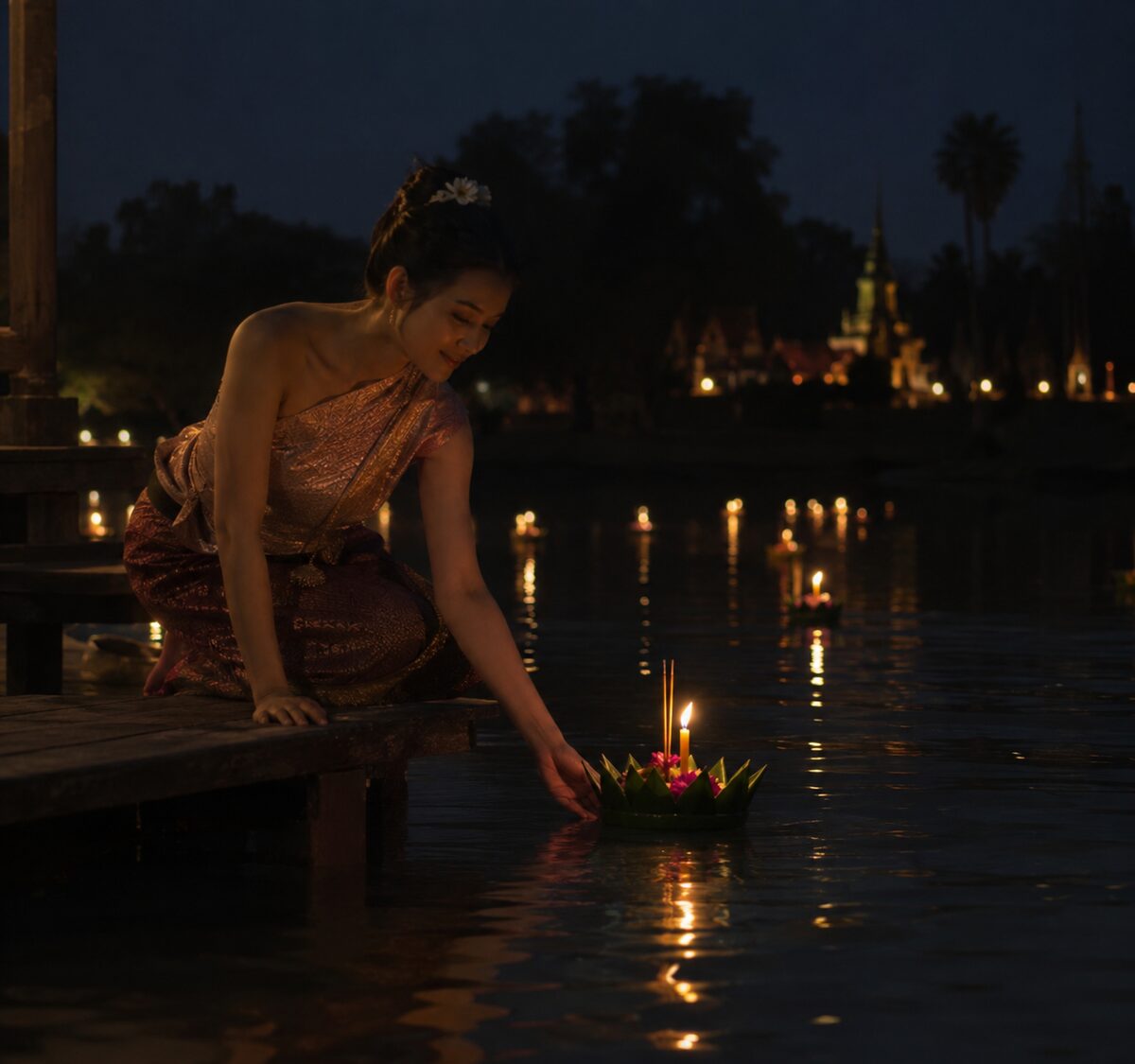A woman in traditional dress kneels on a wooden jetty at night, setting a candlelit krathong onto the water, temple lights across the river