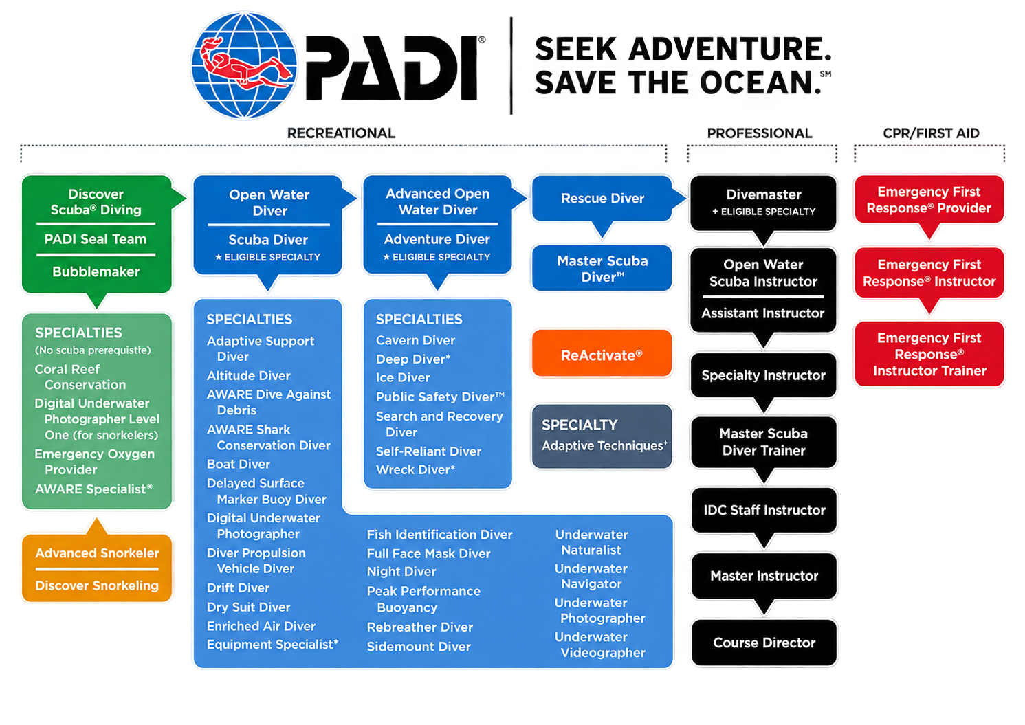 The PADI training path: Discover Scuba Diving, Open Water Diver, Advanced Open Water Diver, Rescue Diver and Master Scuba Diver, the specialties beside each step, the professional ratings from Divemaster to Course Director, and the Emergency First Response courses