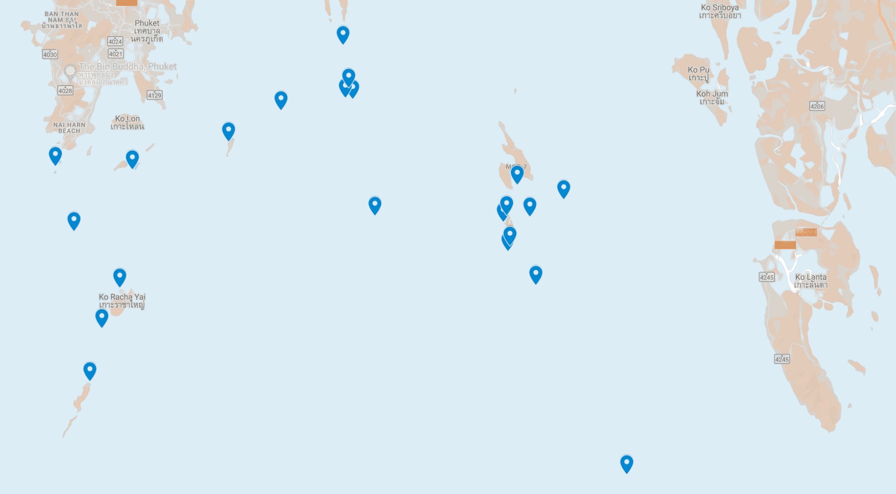 Map of the dive sites Aloha Diving visits around Phuket, the Racha islands and Phi Phi