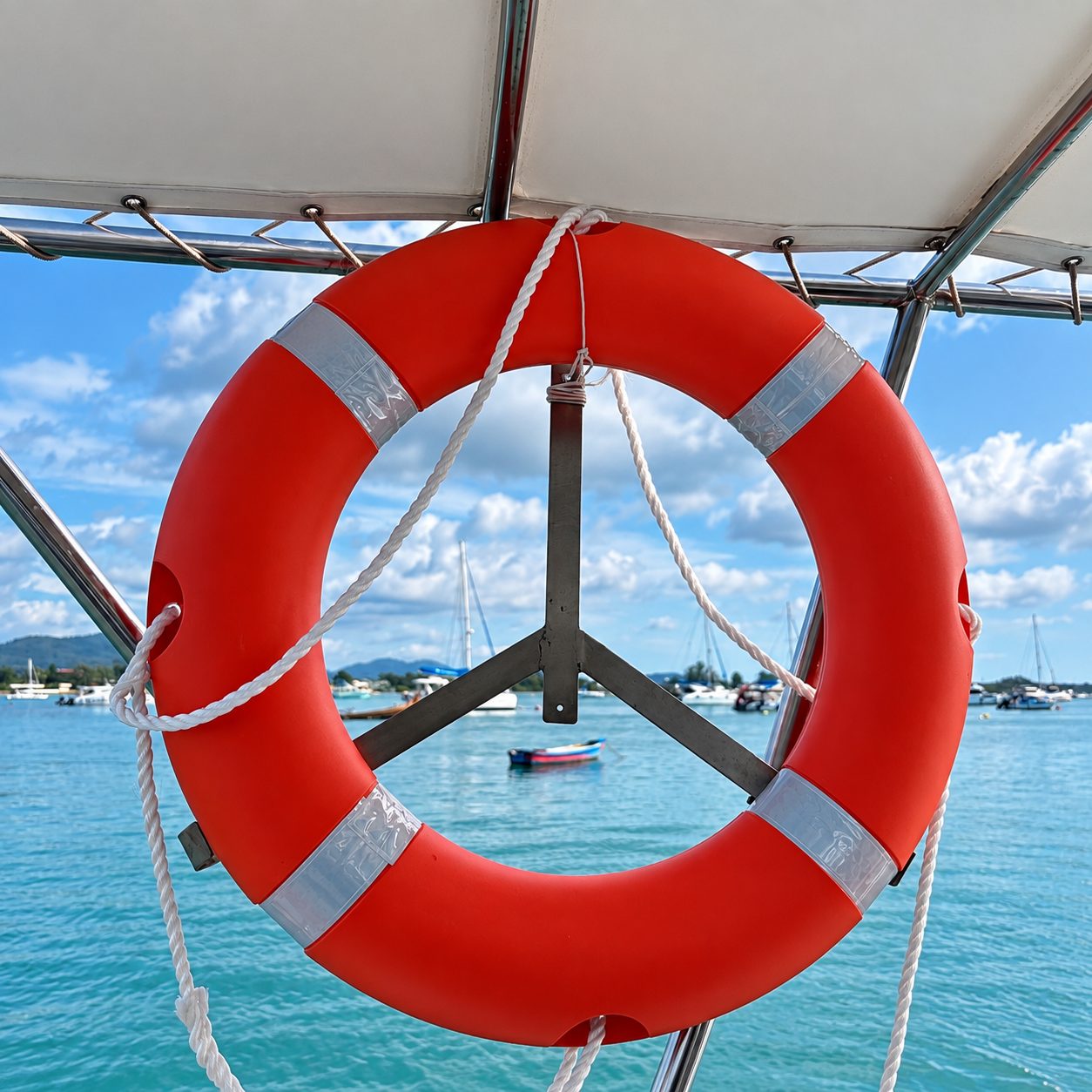 An orange life ring on the rail, boats at anchor in the bay beyond