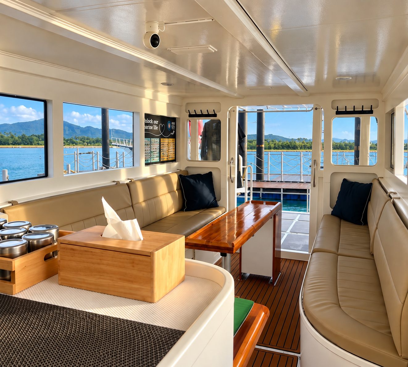 The saloon: cushioned benches along both sides and a wooden table, windows all round