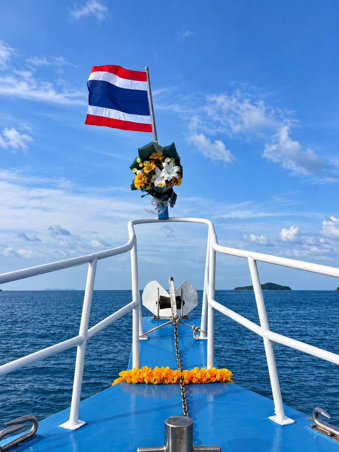 The bow with the Thai flag and a marigold garland, the open sea ahead
