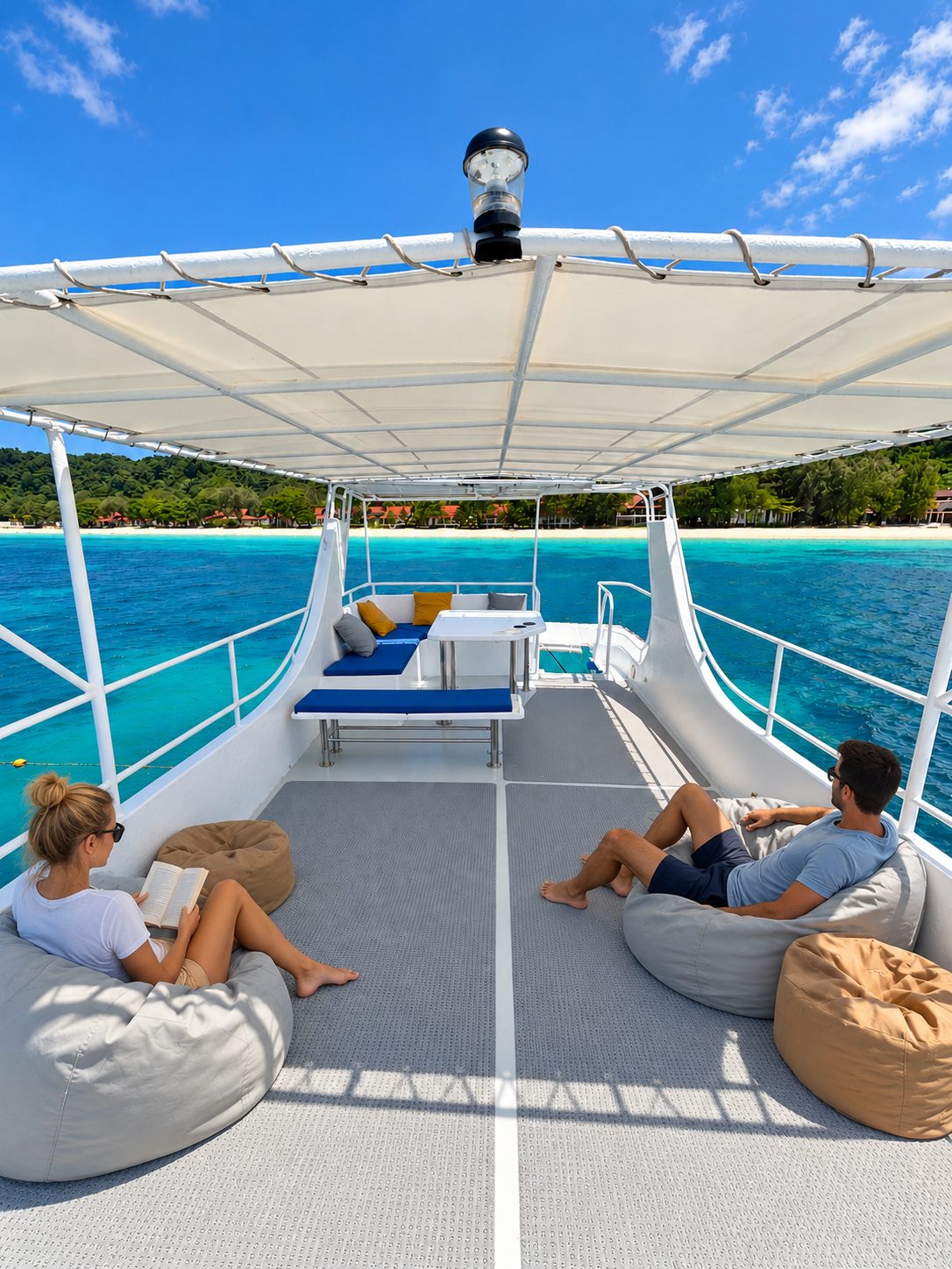Two guests reading on bean bags on the shaded sun deck, turquoise water behind