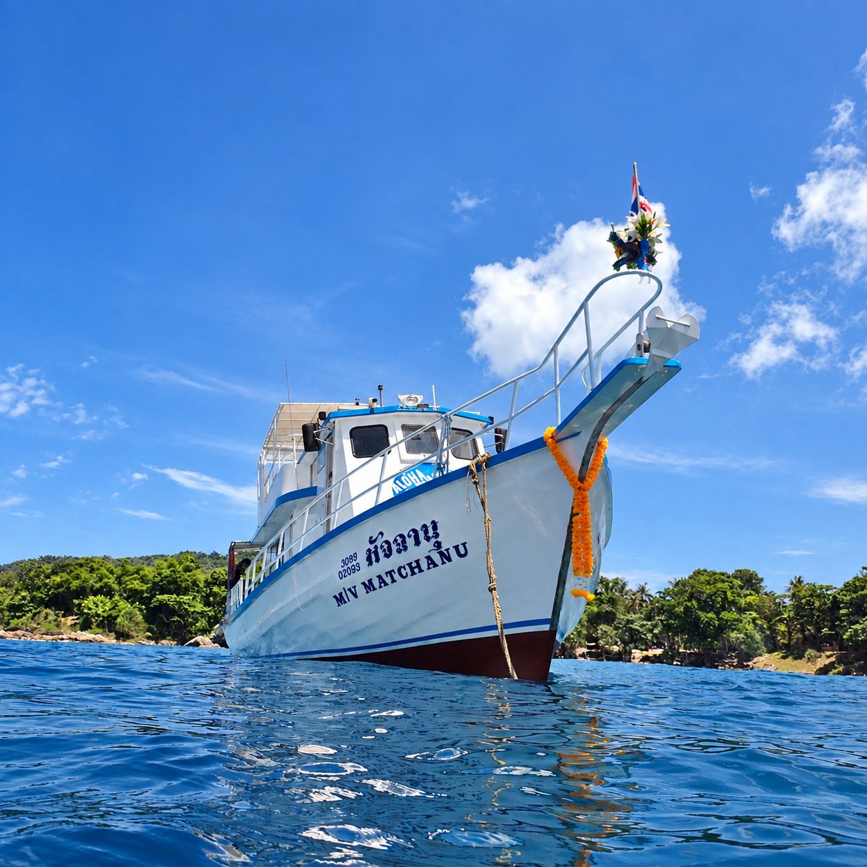 MV Matchanu at anchor in a bay at Racha Yai, seen from the water