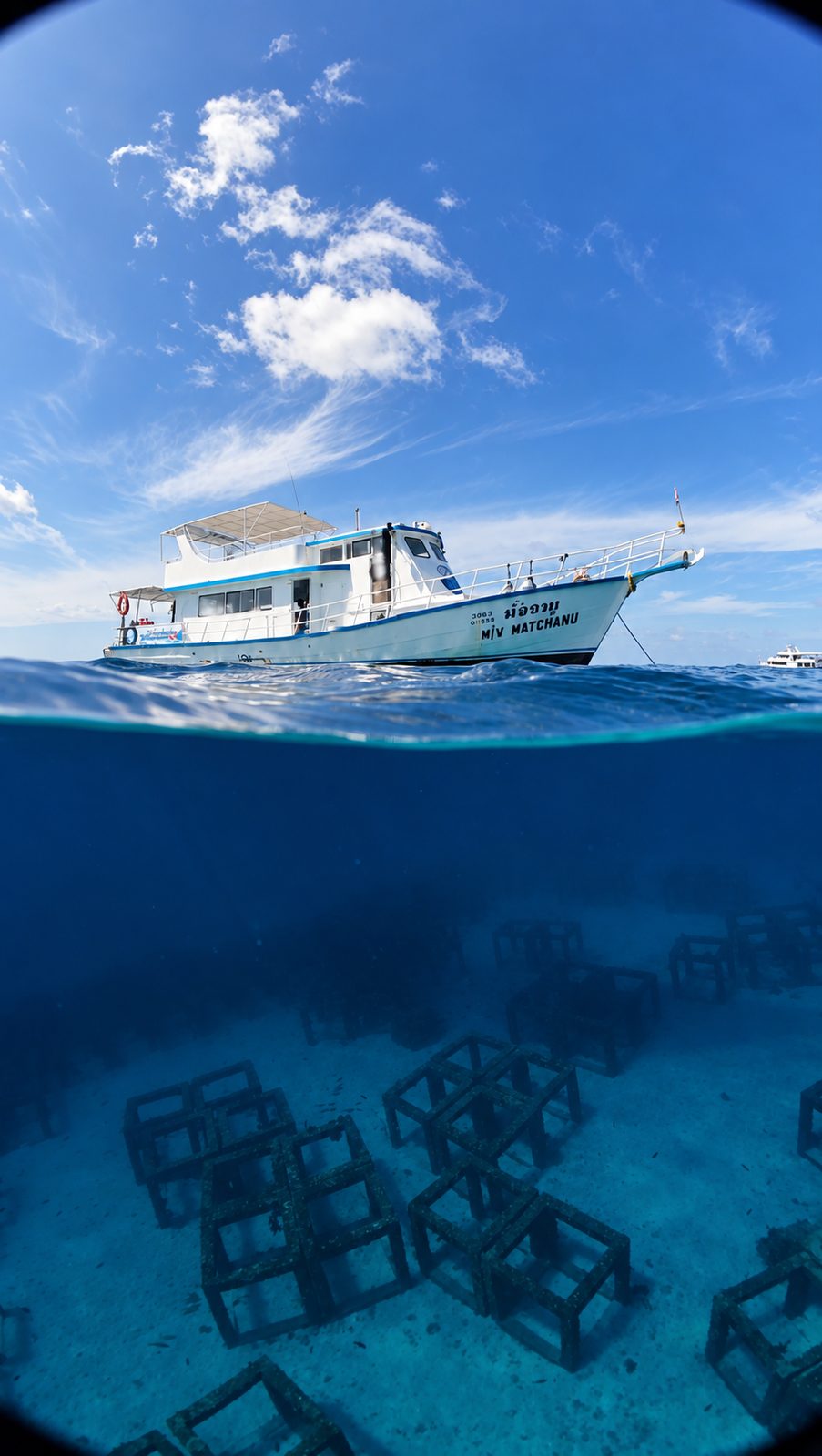 Over and under: MV Matchanu on the surface, the artificial reef cubes on the sand below