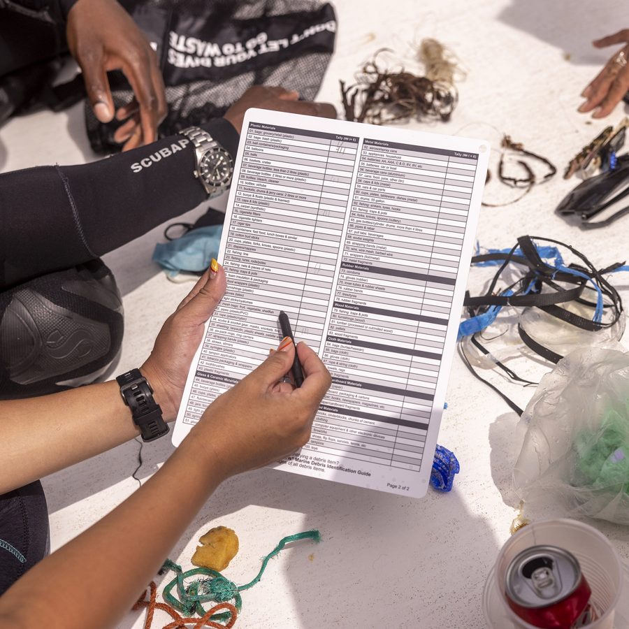 Divers sorting collected debris on a data sheet (PADI AWARE)