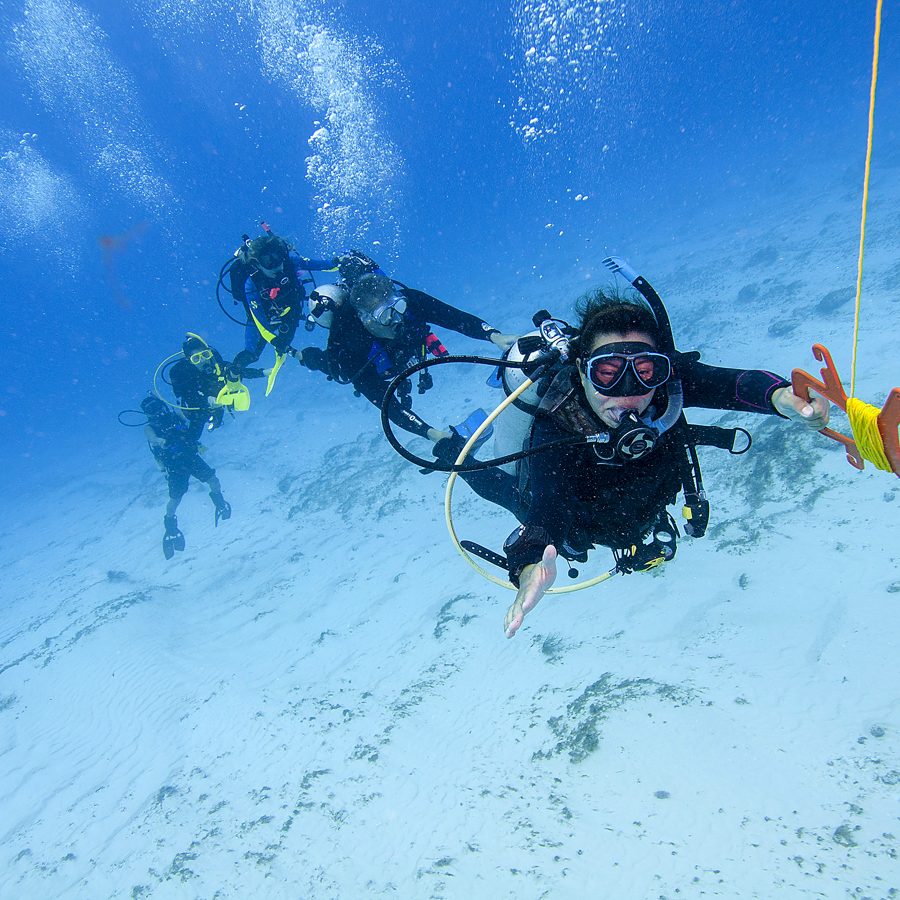 Divers on a drift dive, a reef hook line trailing (PADI)