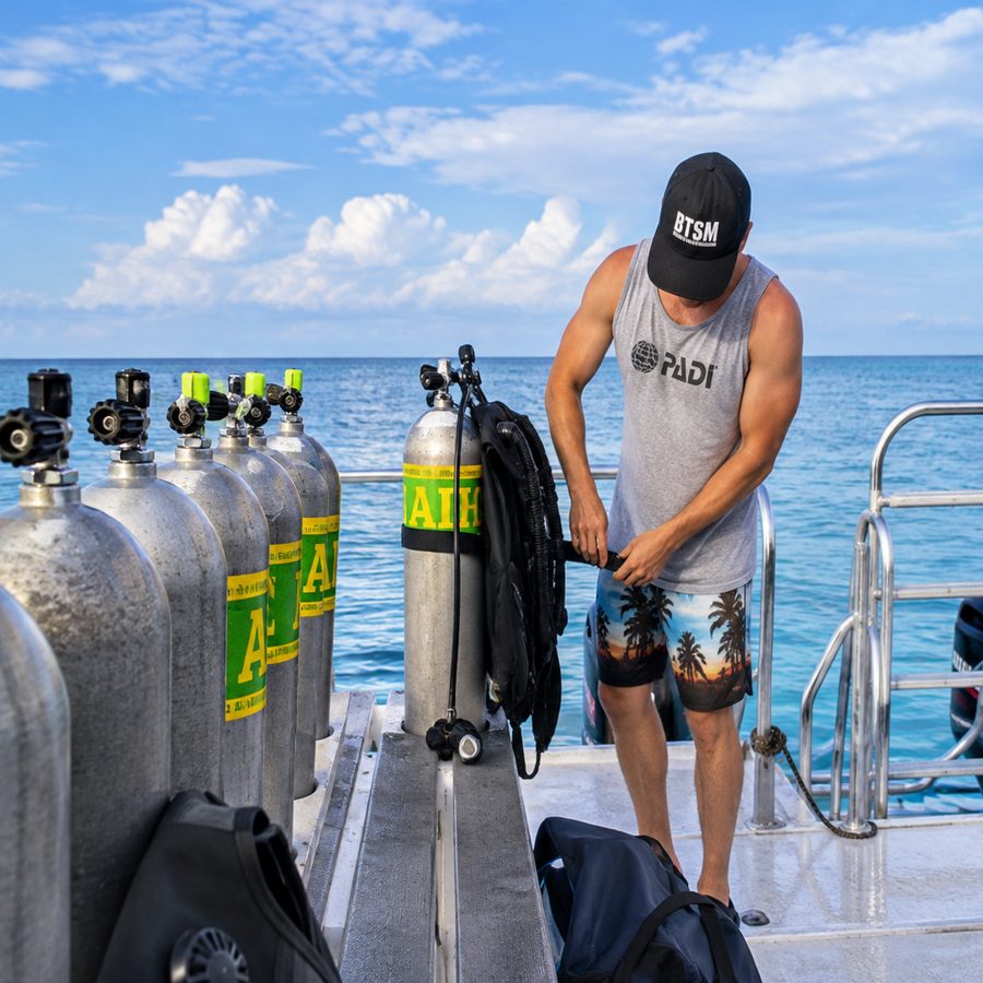 A diver checking a row of enriched-air cylinders on the dive deck (PADI)