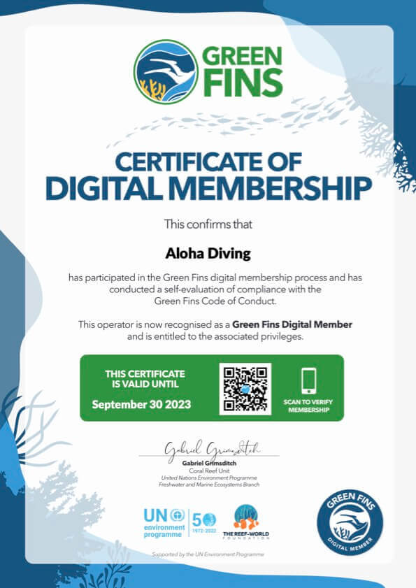 Green Fins certificate of digital membership for Aloha Diving, valid until 30 September 2023