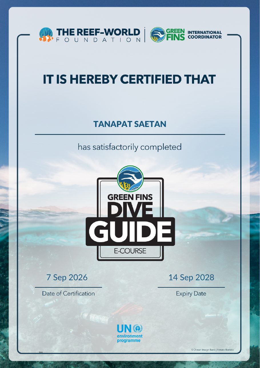 Green Fins Dive Guide e-course certificate for Bew, valid to 14 September 2028