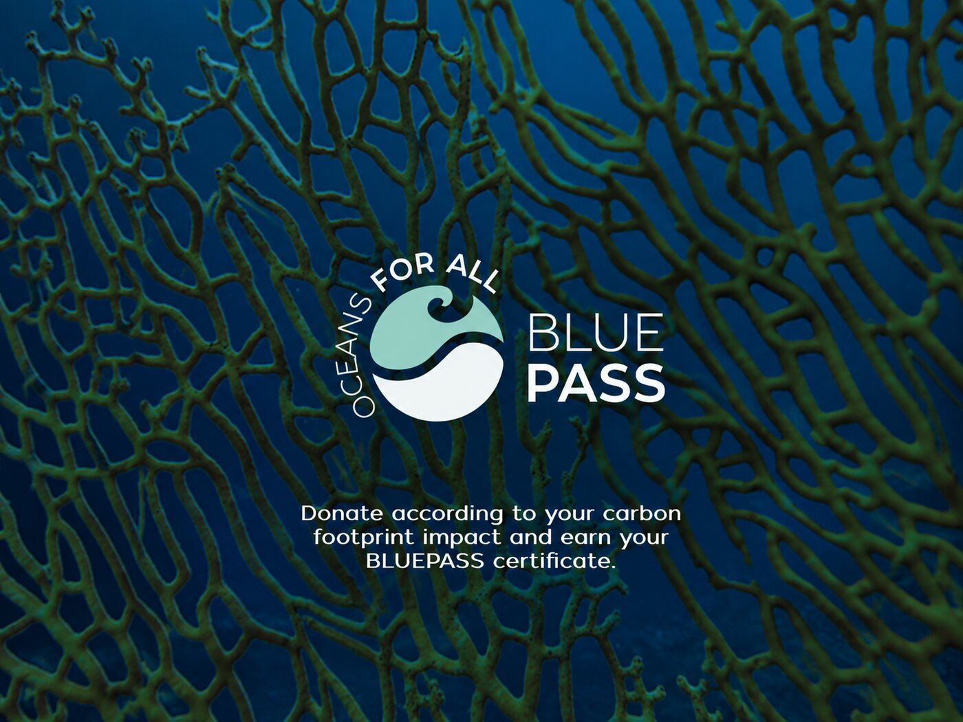 The Oceans For All BluePass mark on a dark sea-fan background: donate according to your carbon footprint and earn your BluePass certificate