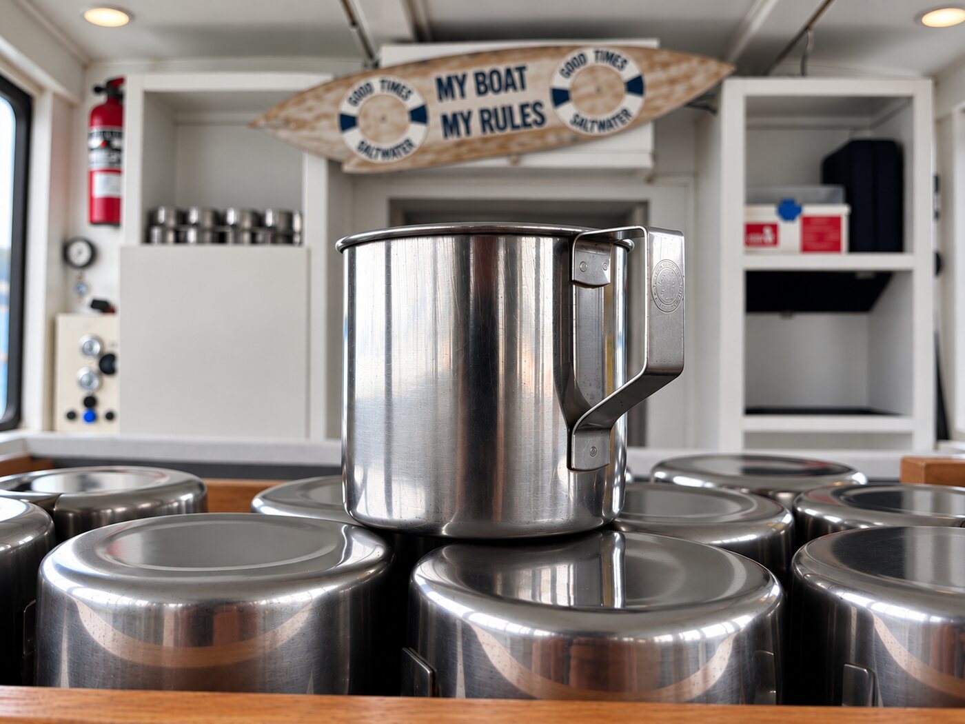 Stainless-steel cups and a pot stacked in the boat's pantry under the My Boat My Rules sign