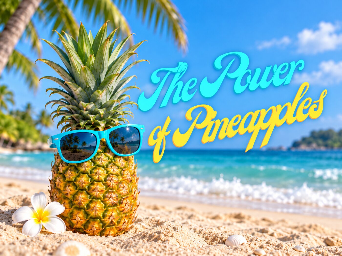 A pineapple in sunglasses on a sandy beach with the words The Power of Pineapples