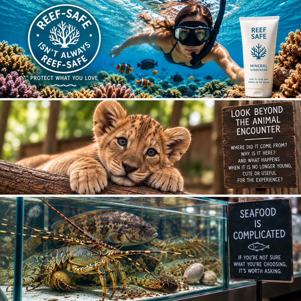Three panels: a snorkeller beside a reef-safe sunscreen note, a lion cub with the words look beyond the animal encounter, and lobsters in a restaurant tank with the words seafood is complicated