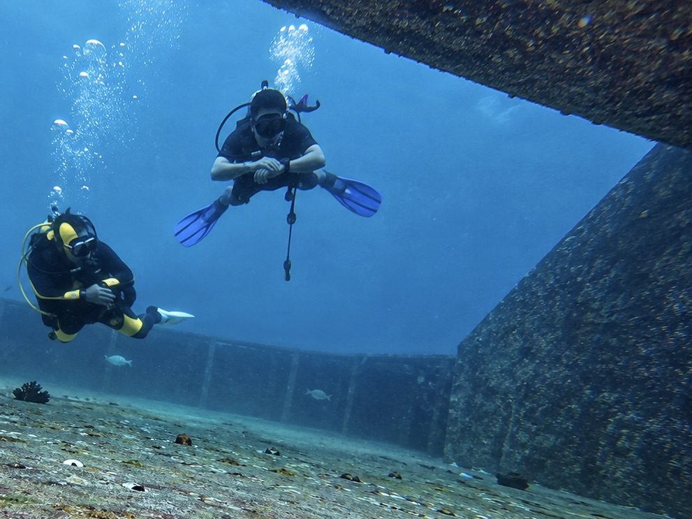 A diver hovering beside a wreck structure