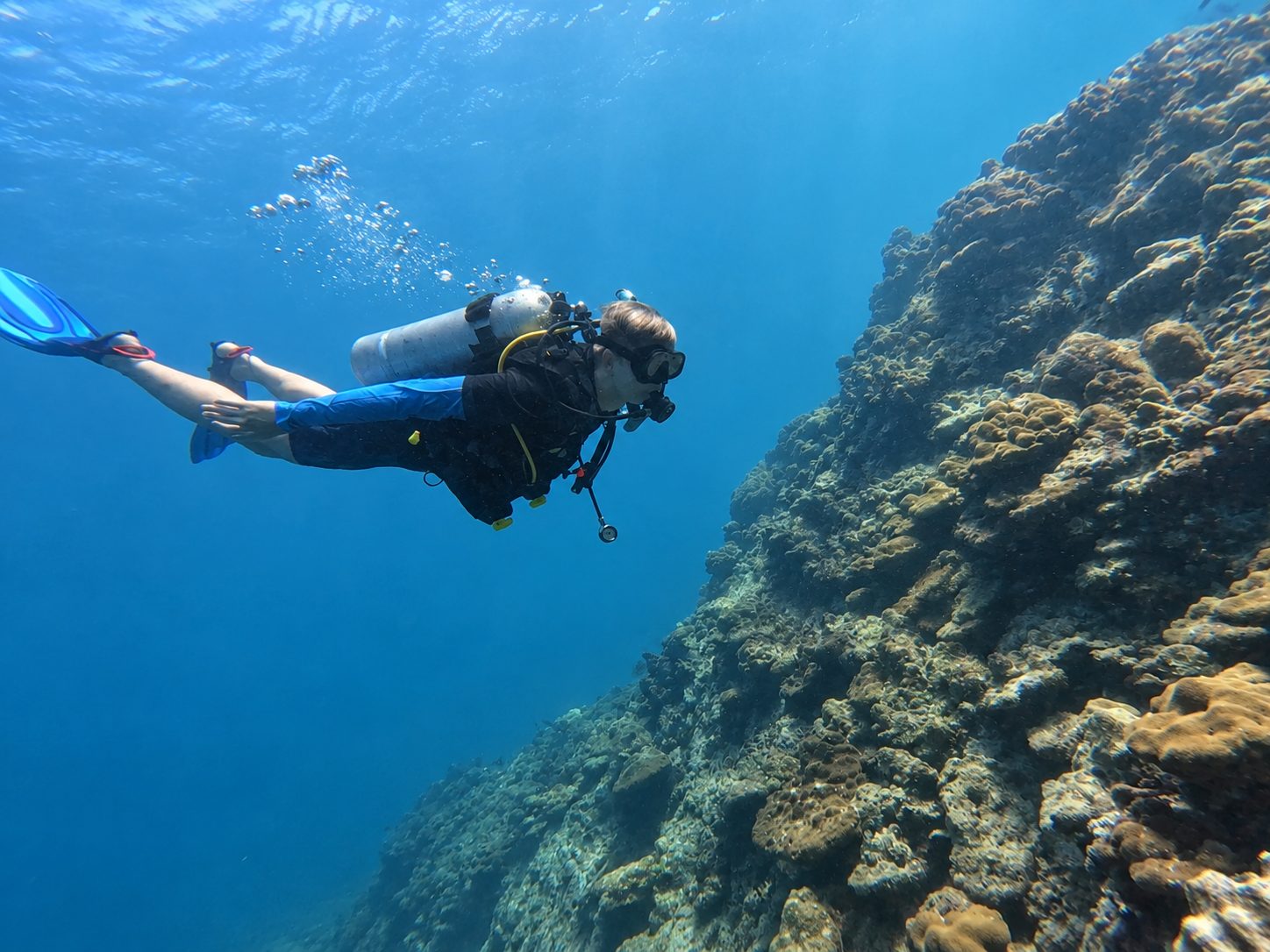 A first-time diver over the reef wall with the instructor