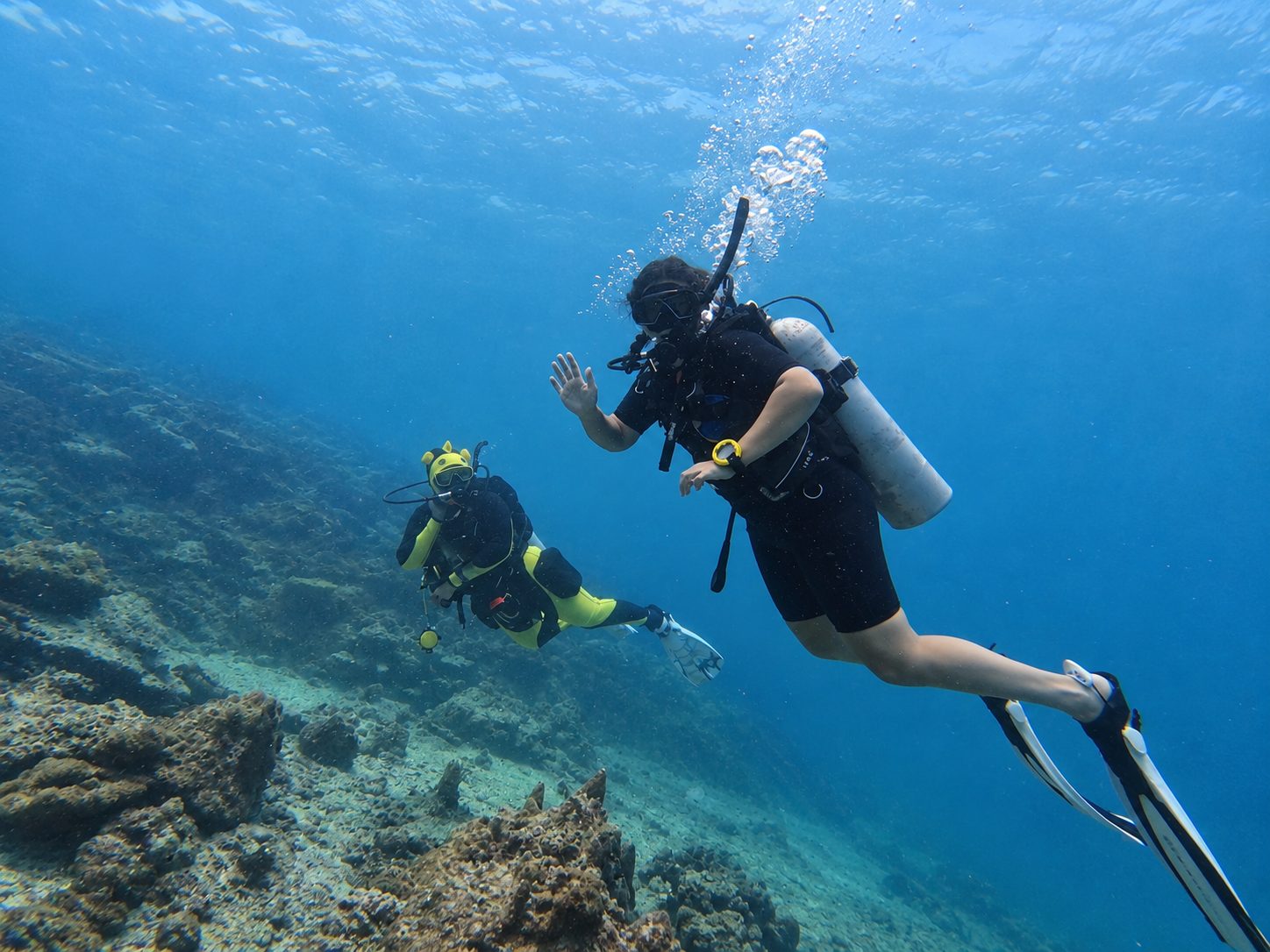 An instructor guiding a student over the reef