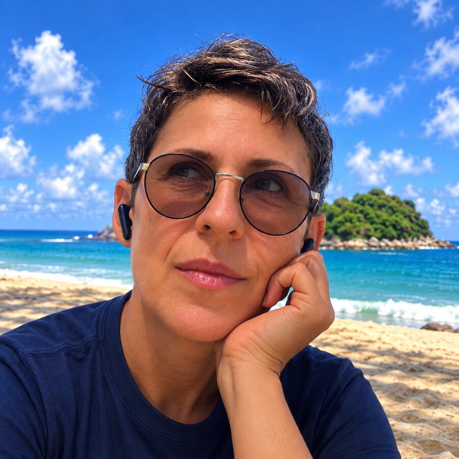 Hajnal in sunglasses on a beach, chin on her hand, a small island behind her