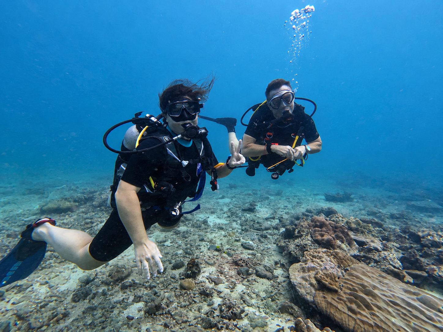 Two divers giving OK signs above the reef