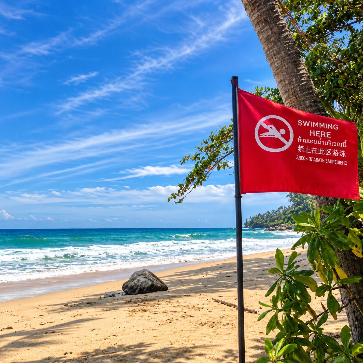 A red no-swimming flag on a beach, waves rolling in behind it