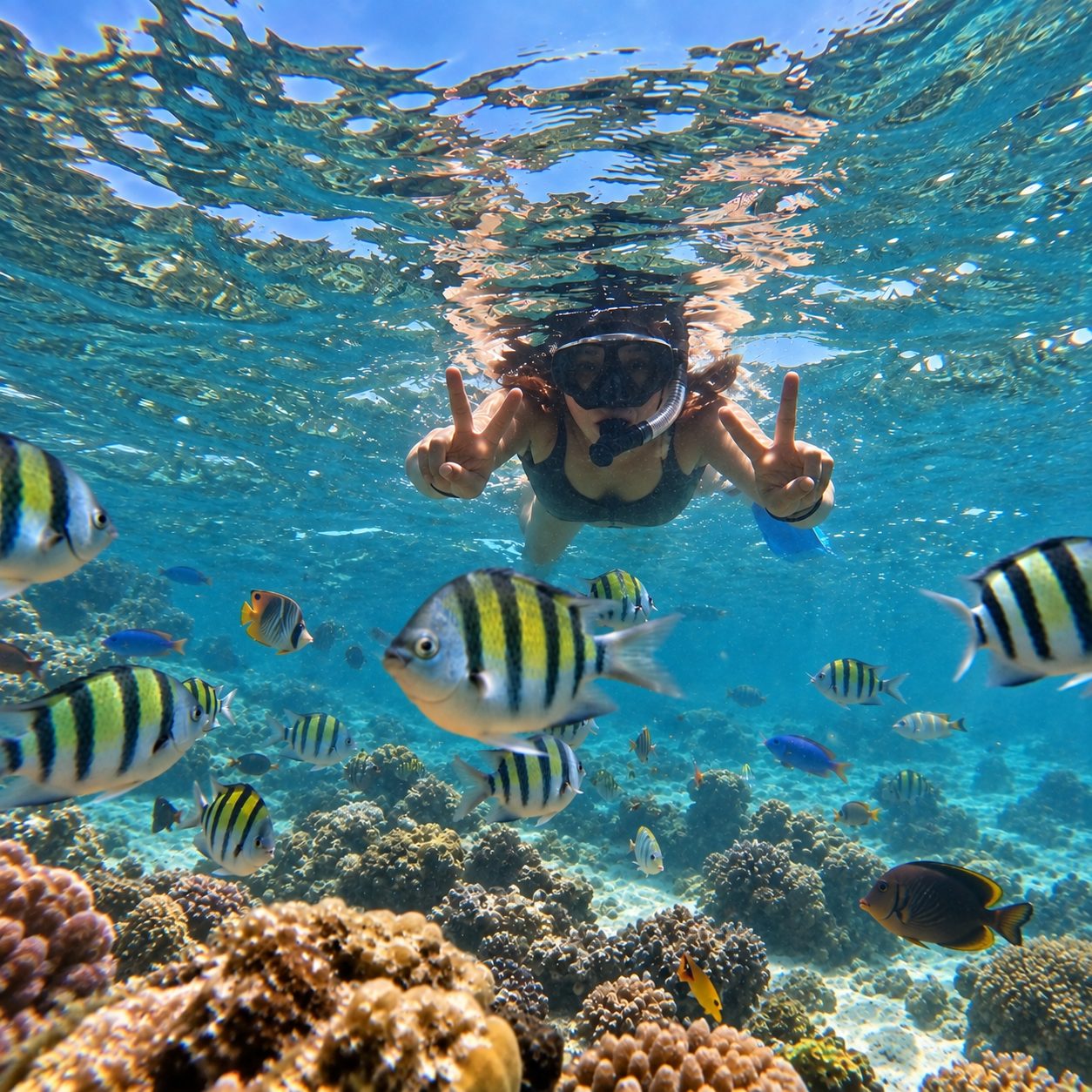 A snorkeller at the surface among striped fish over a reef, sunlight rippling above