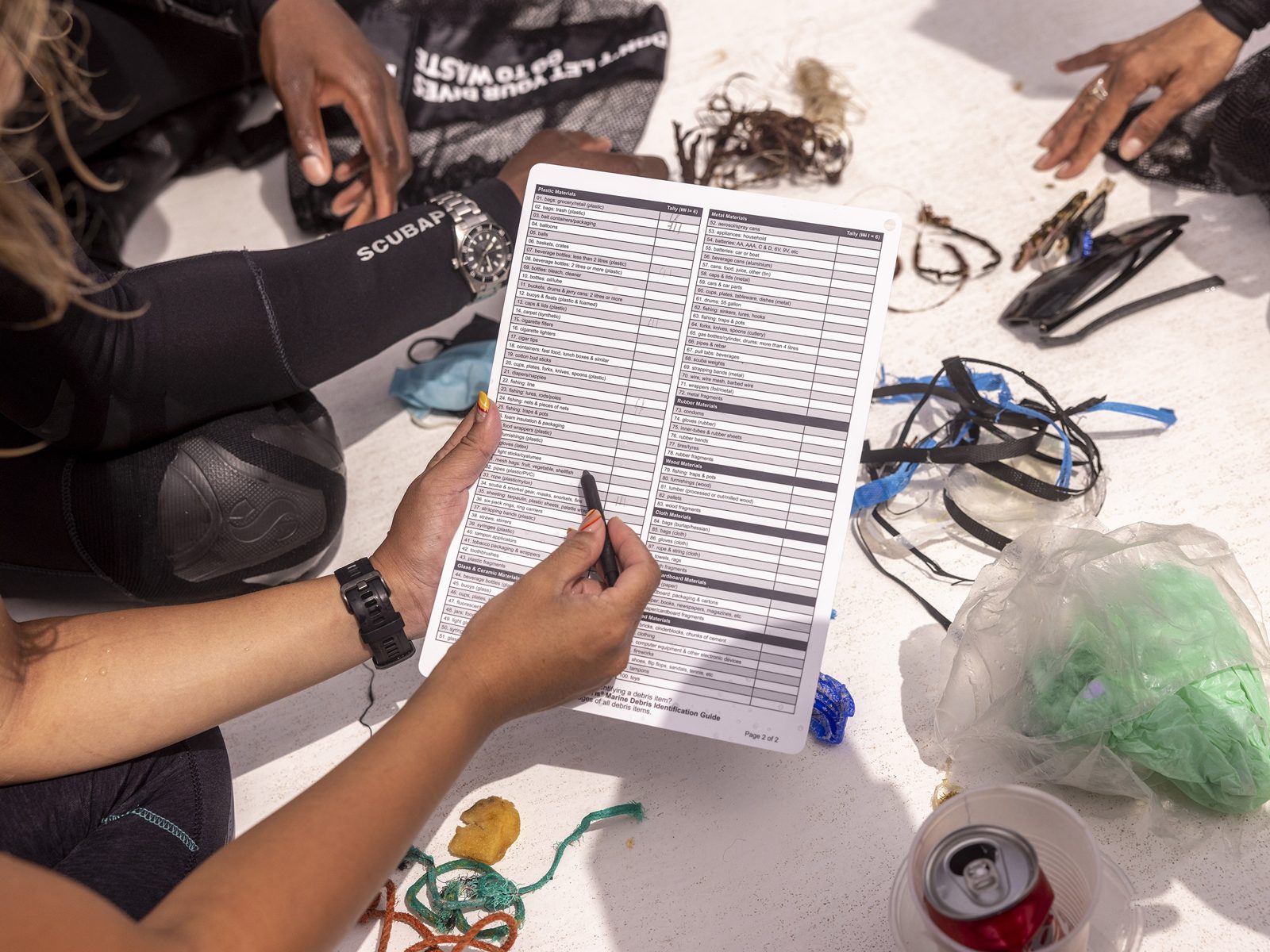 Divers sorting collected debris on a data sheet (PADI AWARE)