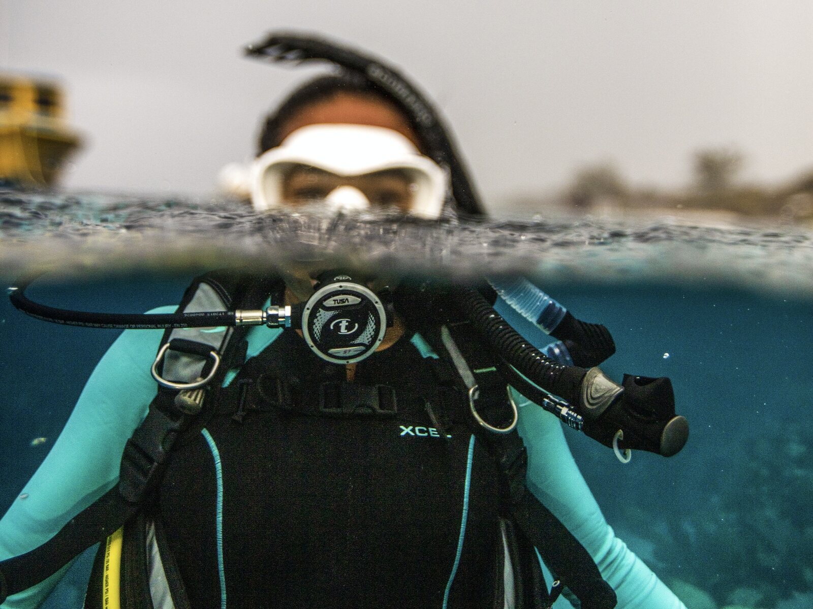 A divemaster at the surface in a split shot, regulator and gauges hanging from the BCD, the shore behind