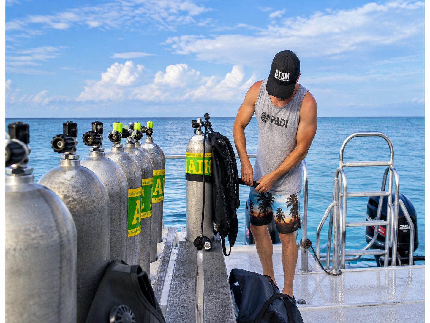 A diver checking a row of enriched-air cylinders on the dive deck (PADI)