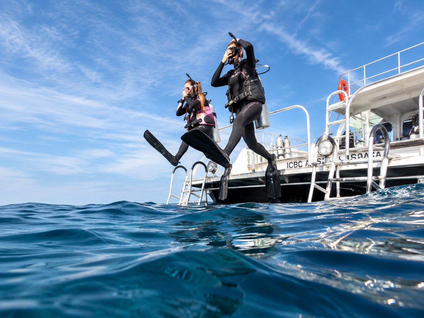A diver stepping off the dive platform of a boat (PADI)