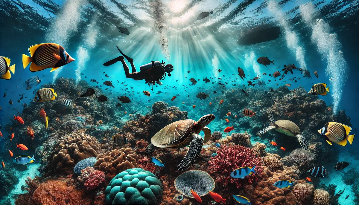 Composited reef scene with a diver, two turtles, butterflyfish and colourful corals