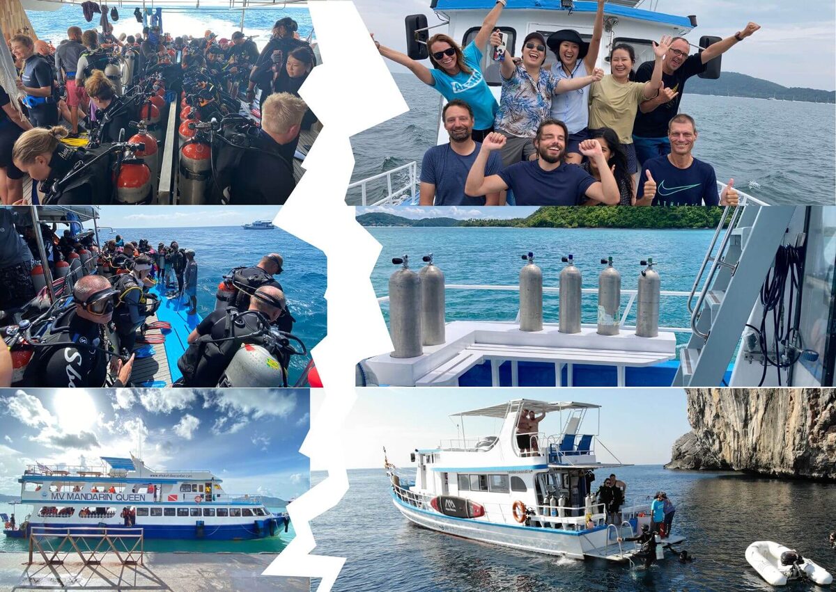 Torn-edge collage contrasting a crowded dive deck with small groups on a quieter boat