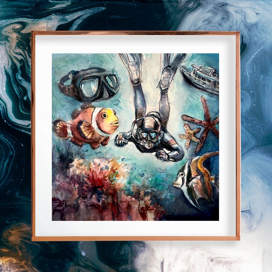 Framed watercolour of a diver, a clownfish and a bannerfish over the reef, with MV Matchanu at the surface