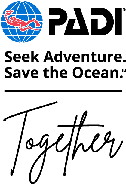 PADI logo with the words Seek Adventure. Save the Ocean. Together