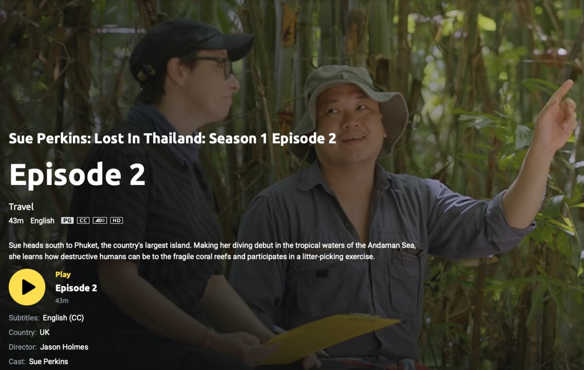 The Channel 5 player page for Sue Perkins: Lost in Thailand, episode two, Sue in the Phuket jungle with a guide