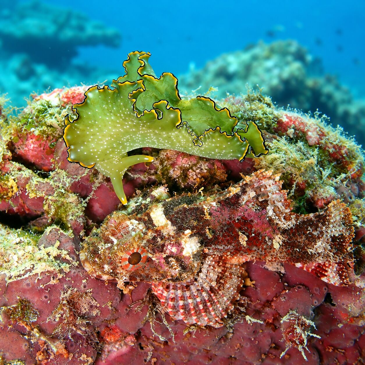 Ornate leaf slug and baby scorpionfish at Koh Mai Thon