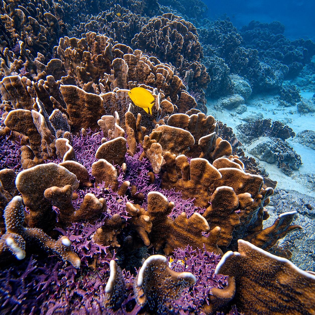 Bluecoral with purple seagrass at Bungalow Bay, Racha Yai
