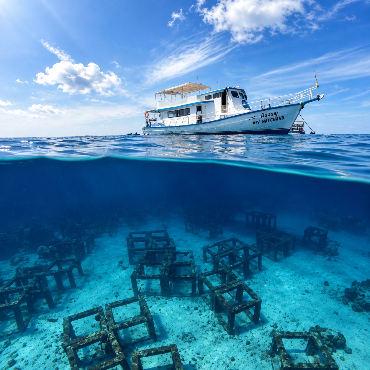 Aloha Diving's boat over the artificial reef at Bay 1, Racha Yai
